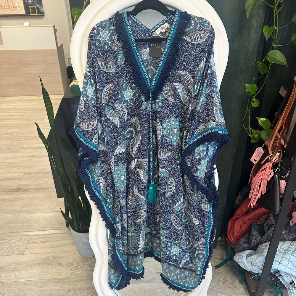 Lara Ethnics Navy & Teal Floral Tassel Cover-Up Caftan